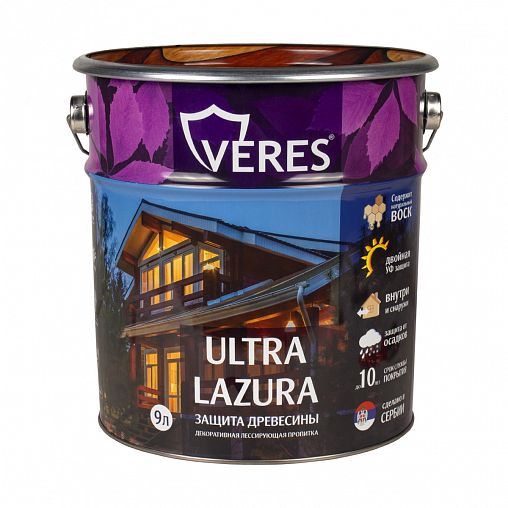 Декоративная пропитка для дерева Veres Ultra Lazura №3, глянцевая, 9 л, тик фото