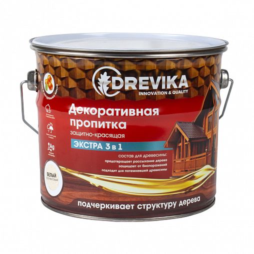 Декоративная пропитка для дерева Drevika Экстра 3 в 1, полуматовая, 3 л, белая фото