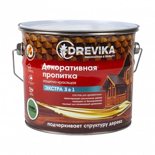 Декоративная пропитка для дерева Drevika Экстра 3 в 1, полуматовая, 3 л, олива фото