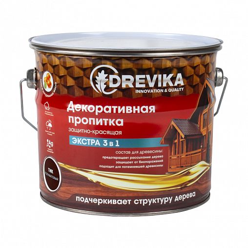 Декоративная пропитка для дерева Drevika Экстра 3 в 1, полуматовая, 3 л, тик фото