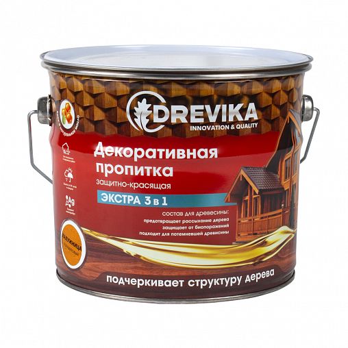 Декоративная пропитка для дерева Drevika Экстра 3 в 1, полуматовая, 3 л, калужница фото