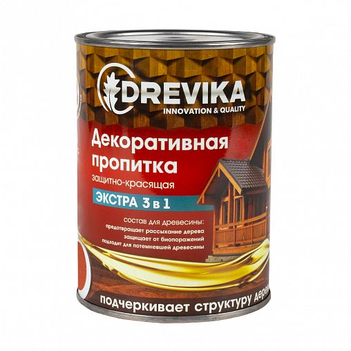 Декоративная пропитка для дерева Drevika Экстра 3 в 1, полуматовая, 0,8 л, рябина фото