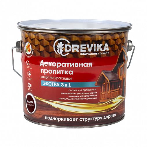 Декоративная пропитка для дерева Drevika Экстра 3 в 1, полуматовая, 3 л, махагон фото