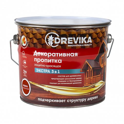 Декоративная пропитка для дерева Drevika Экстра 3 в 1, полуматовая, 3 л, рябина фото