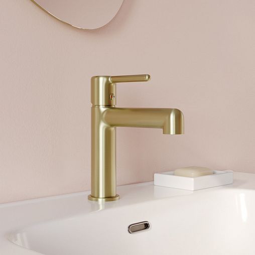 Смеситель для раковины с коротким изливом IDDIS Aiger, золото матовое фото