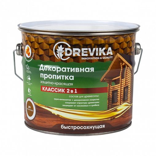 Декоративная пропитка для дерева Drevika Классик 2 в 1, полуматовая, 2,7 л, дуб фото