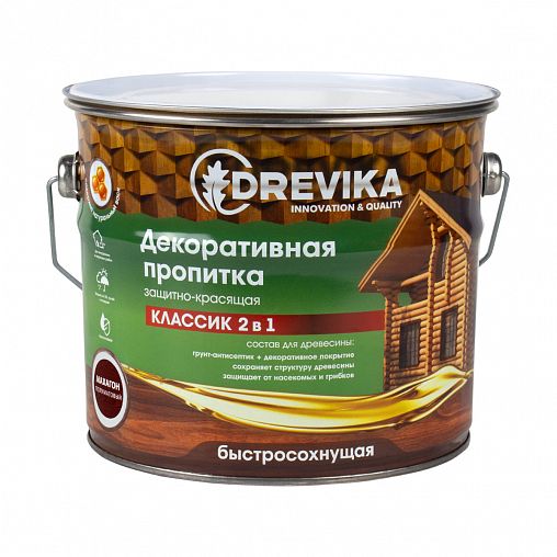 Декоративная пропитка для дерева Drevika Классик 2 в 1, полуматовая, 2,7 л, махагон фото