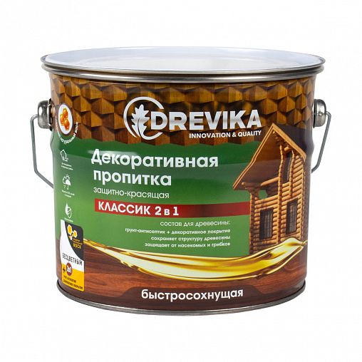 Декоративная пропитка для дерева Drevika Классик 2 в 1, полуматовая, 2,7 л, бесцветная фото