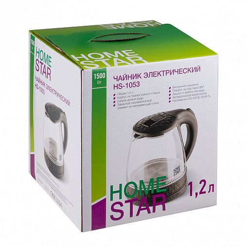 Стеклянный чайник электрический HomeStar HS-1053, 1,2 л, черный фото