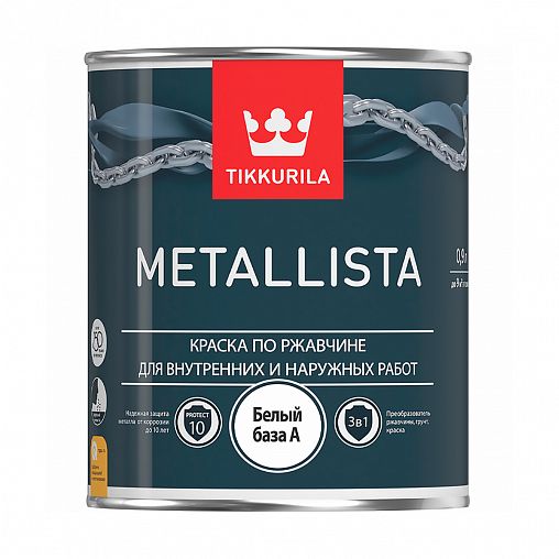 Краска для металла по ржавчине 3в1 Metallista TIKKURILA, 0,9 л, белая (база А) фото