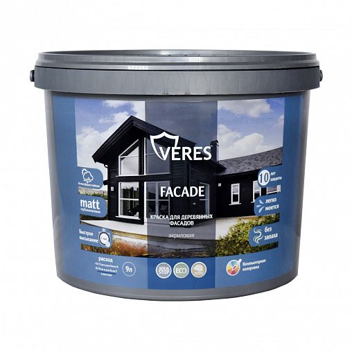 Краска для деревянных фасадов Veres Facade, акриловая, матовая, 9 л, горький шоколад фото