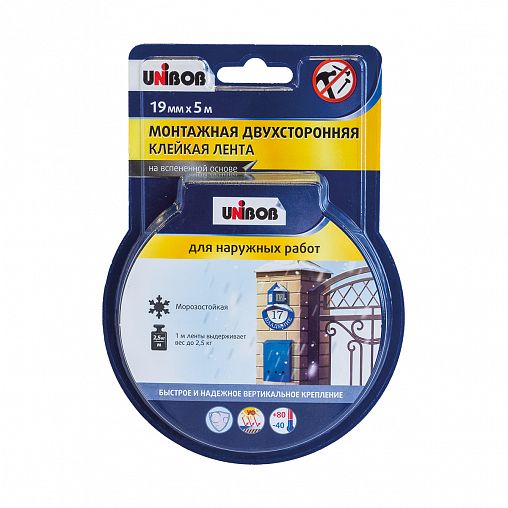 Двусторонняя клейкая лента Unibob, вспененная, для наружных работ, 19 мм x 5 м фото
