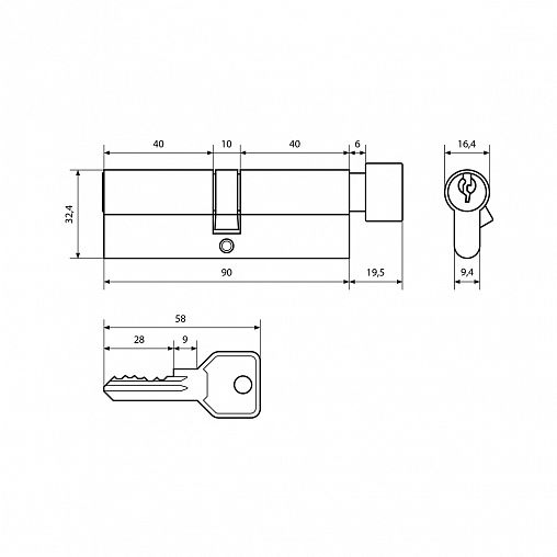 Цилиндровый механизм Стандарт Z.I.90В-5K CP, ключ/вертушка, хром фото