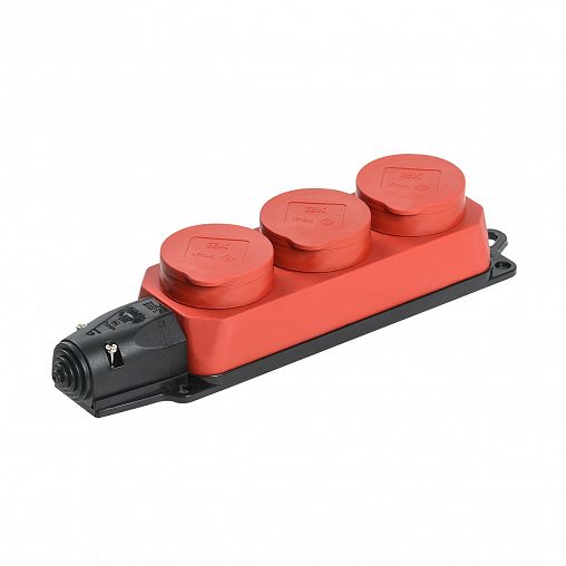 Колодка розеточная IEK Омега, 3 гнезда, с заземлением, с крышками, 16 А, IP44, красная фото