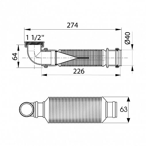 Сифон гофрированный для раковины Wirquin Senzo, с сухим затвором, без выпуска, 1 1/4" x 32 мм фото