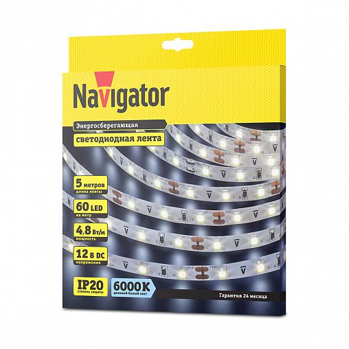 Лента светодиодная Navigator NLS-3528СW60 без установочного набора, IP20, 6000 К, 5 м фото