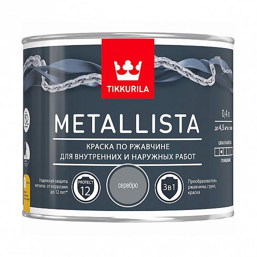 Краска для металла по ржавчине 3в1 Tikkurila Metallista (Металлиста), 0,4 л, серебряная фото