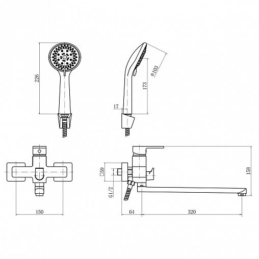 Смеситель для ванны с душем PLStart PD22031, с длинным изливом, хром фото
