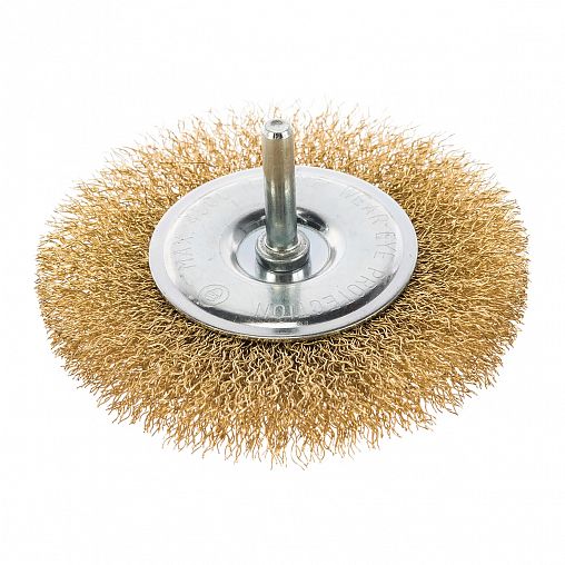 Щетка для дрели Кедр, плоская со шпилькой, 100 мм, латунированная проволока 0,3 мм фото