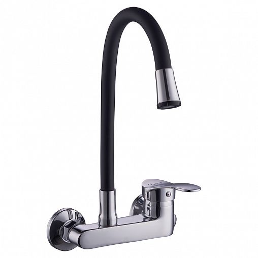 Смеситель для кухни настенный PLStart PD46001-7, с гибким изливом, хром/черный фото