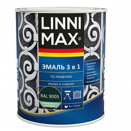 Грунт-эмаль по ржавчине Linnimax 3 в 1, 0,75 л, RAL 9005, черная фото