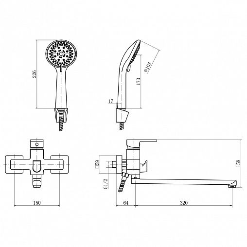 Смеситель для ванны с душем PLStart PD22031-7, с длинным изливом, черный фото