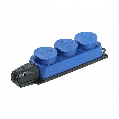 Колодка розеточная IEK Омега, 3 гнезда, с крышками, с заземлением, 16 А, IP44, синяя фото