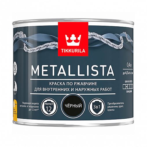 Краска для металла по ржавчине 3в1 Tikkurila Metallista (Металлиста), 0,4 л, черная фото