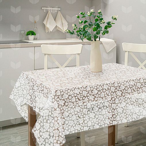 Скатерть Рыжий кот Ажур, ПВХ, розы, 110 x 132 см, белая фото