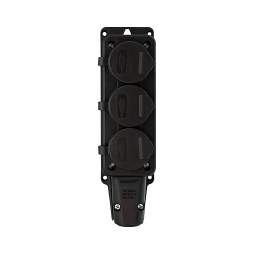 Колодка розеточная Rexant, 3 гнезда, с крышками, с заземлением, 16 А, IP54, черный фото