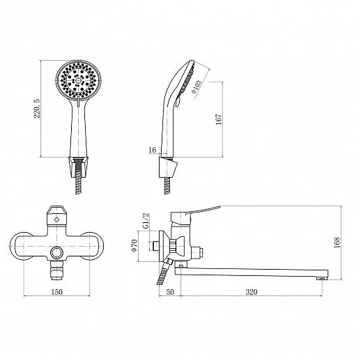 Смеситель для ванны с душем PLStart PD22023, с длинным изливом, хром фото