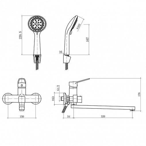 Смеситель для ванны с душем PLStart PD22016, с длинным изливом, хром фото