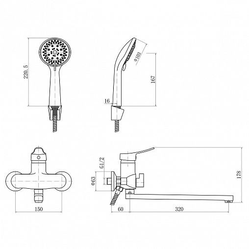 Смеситель для ванны с душем PLStart PD22086, с длинным изливом, хром фото
