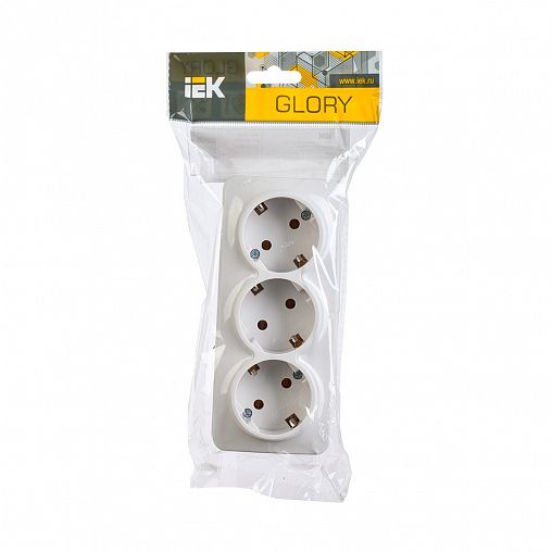 Розетка тройная накладная IEK Glory, с заземлением, 16 А, 250 В, IP20, белая фото