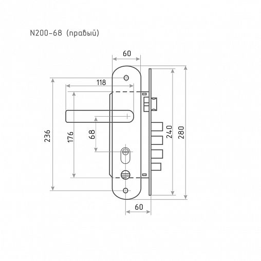 Замок врезной Нора-М, N200 - 68 мм, правый, матовый никель/черный никель фото