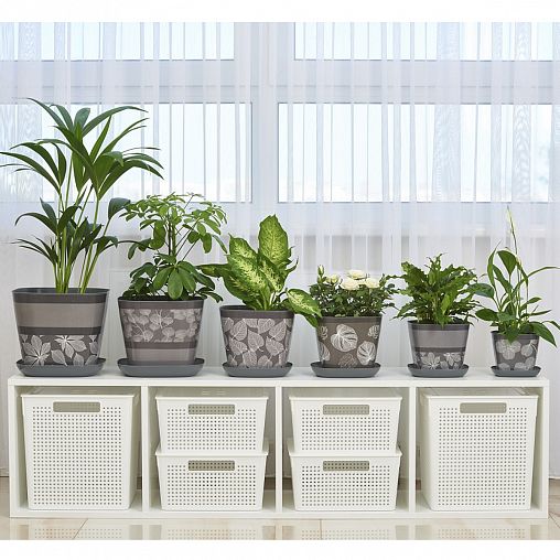 Кашпо квадратное Violet Листопад, с поддоном, 5 л, темно-серое фото