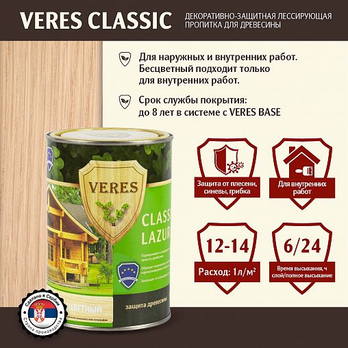 Декоративная пропитка для дерева Veres Classic Lazura №1, матовая, 0,9 л, бесцветная фото