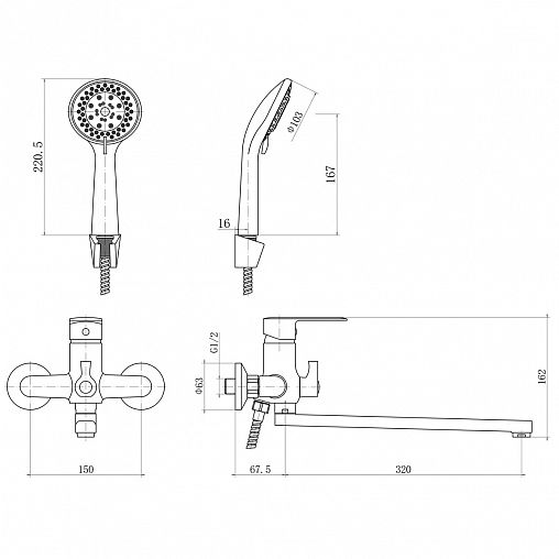 Смеситель для ванны с душем PLStart PD22054-7, с длинным изливом, черный фото