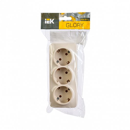 Розетка тройная накладная IEK Glory, с заземлением, 16 А, 250 В, IP20, кремовая фото