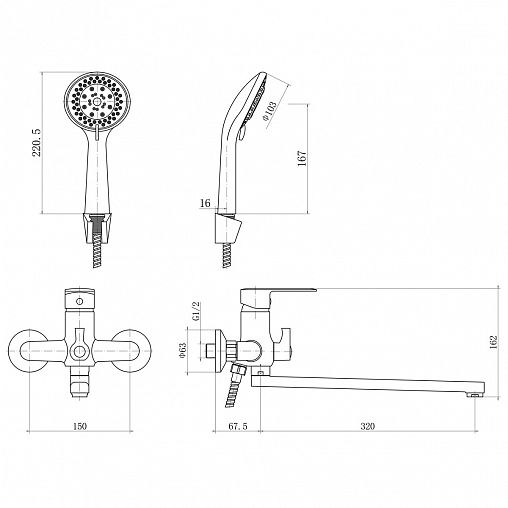 Смеситель для ванны с душем PLStart PD22054, с длинным изливом, хром фото