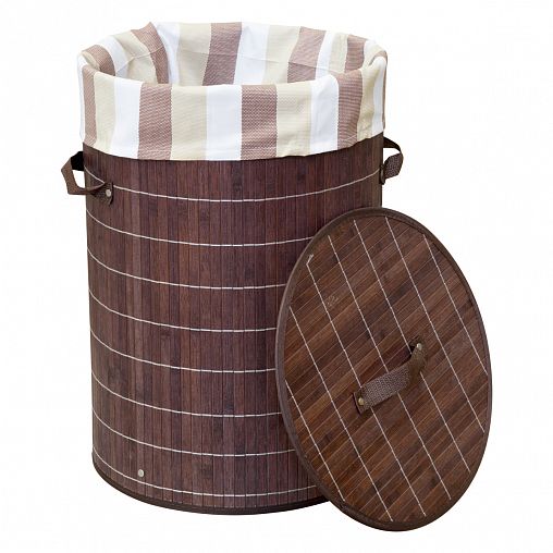 Корзина для белья круглая Рыжий кот BLB-01-D, 34,5 x 50 см, бамбук темный фото