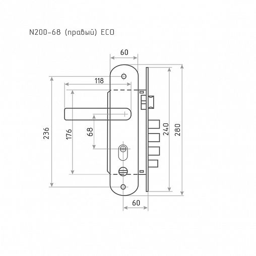 Замок врезной Нора-М STD, N200 - 68 мм, правый, матовый никель/черный никель фото