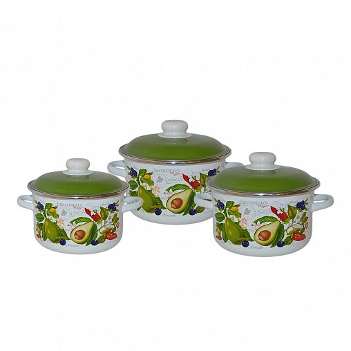 Набор эмалированных кастрюль СтальЭмаль Авокадо, 6 предметов (2, 3, 4 л, крышки) фото