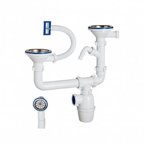 Сифон двойной бутылочный Orio, разноуровневый, 3 1/2" x 40 мм, с отводом и переливом фото