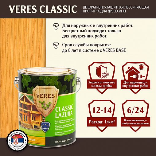 Декоративная пропитка для дерева Veres Classic Lazura №2, матовая, 2,7 л, сосна фото