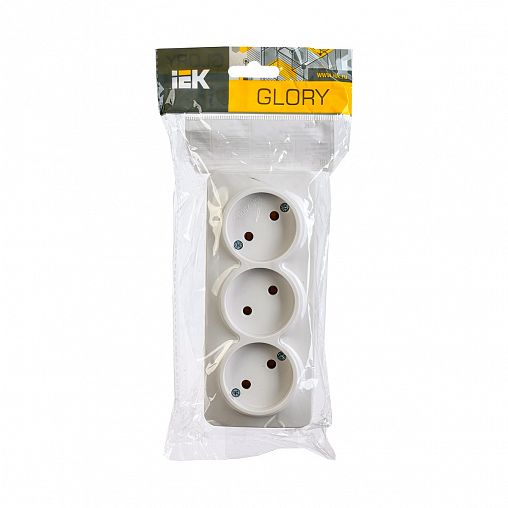Розетка тройная накладная IEK Glory, без заземления, 10 А, 250 В, IP20, белая фото