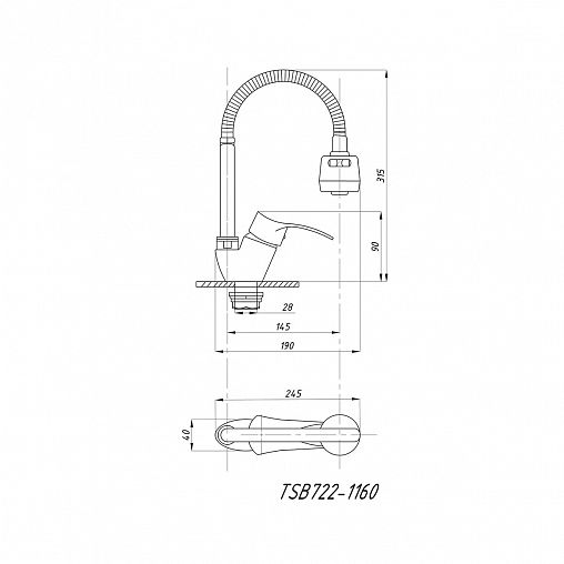Смеситель для кухни Tsarsberg TSB-722-1160, с гибким изливом, однорычажный, хром фото