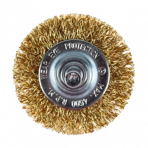 Щетка для дрели Кедр, плоская со шпилькой, 50 мм, латунированная проволока 0,3 мм фото