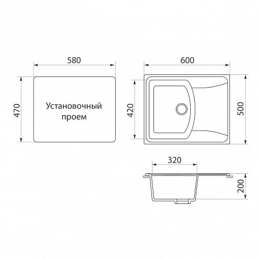 Мойка для кухни врезная GreenStone GRS-17K-308, из искусственного мрамора, 600 x 500 мм, черная фото