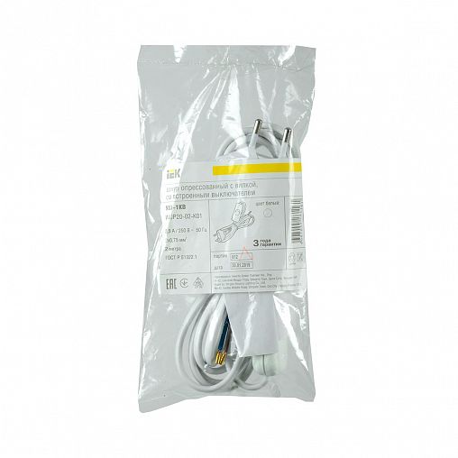 Шнур IEK УШ-1КВ, с выключателем и плоской вилкой, 2 x 0,75 мм², 2 м, белый фото